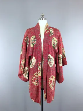 1920s - 1930s Vintage Silk Haori - Kimono Cardigan Jacket / Red Floral Print