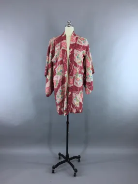 1930s Vintage Silk Haori Kimono Cardigan Jacket with Berry Pink Floral Print