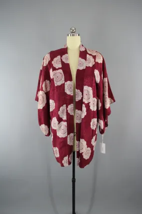 1930s Vintage Silk Haori Kimono Jacket with Cranberry Red Floral Print