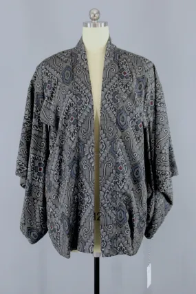 1940s Vintage Silk Haori Kimono Jacket Cardigan in Black & Blue Ikat