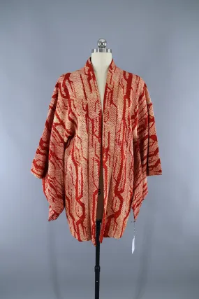 1950s Vintage Silk Haori Kimono Jacket Cardigan / Dark Red Shibori Haori