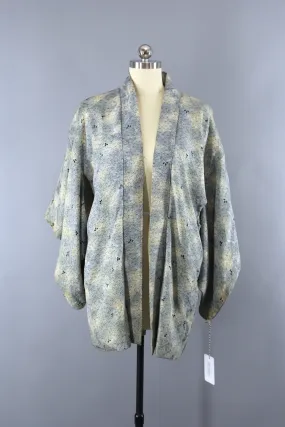 1950s Vintage Silk Haori Kimono Jacket Cardigan / Pale Blue Leaves Print