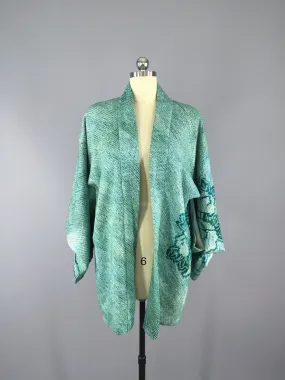 1960s Vintage Silk Haori Kimono Cardigan / Emerald Green Shibori