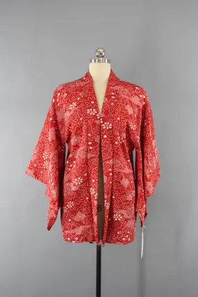 1960s Vintage Silk Haori Kimono Cardigan Jacket in Red Orange Shibori