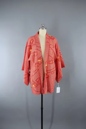 1970s Vintage Haori Kimono Jacket in Red Orange Shibori Print