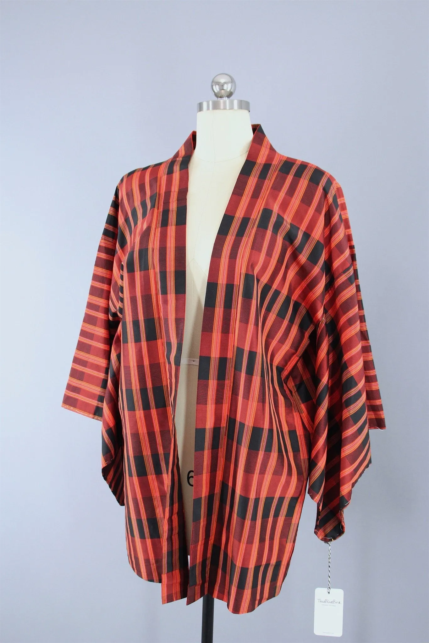 1980s Vintage Silk Haori Kimono Jacket Cardigan / Orange Plaid