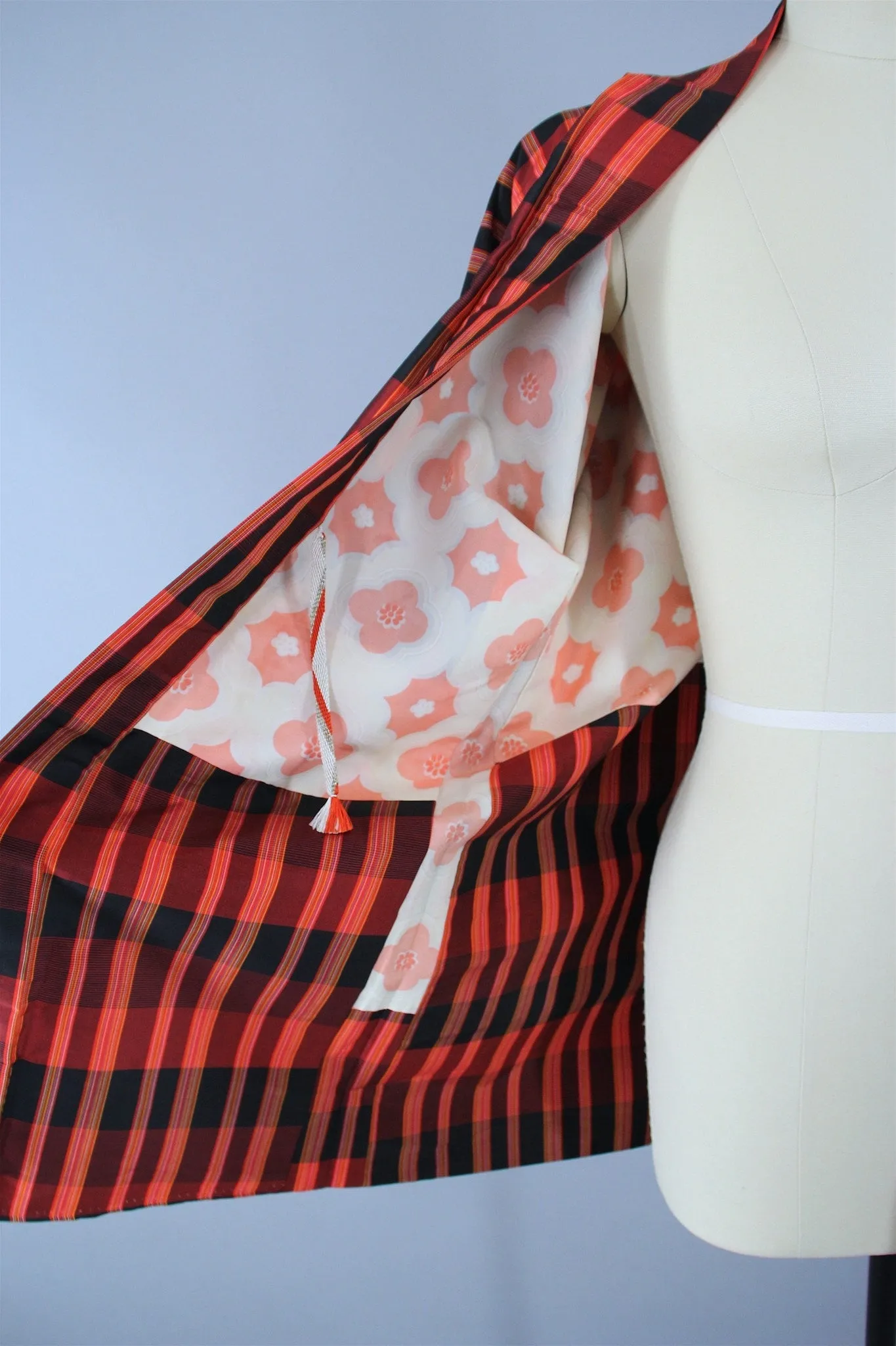 1980s Vintage Silk Haori Kimono Jacket Cardigan / Orange Plaid