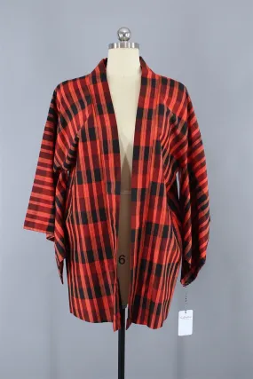 1980s Vintage Silk Haori Kimono Jacket Cardigan / Orange Plaid