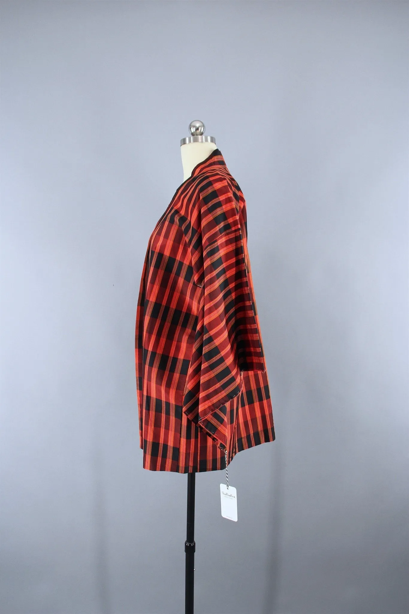 1980s Vintage Silk Haori Kimono Jacket Cardigan / Orange Plaid