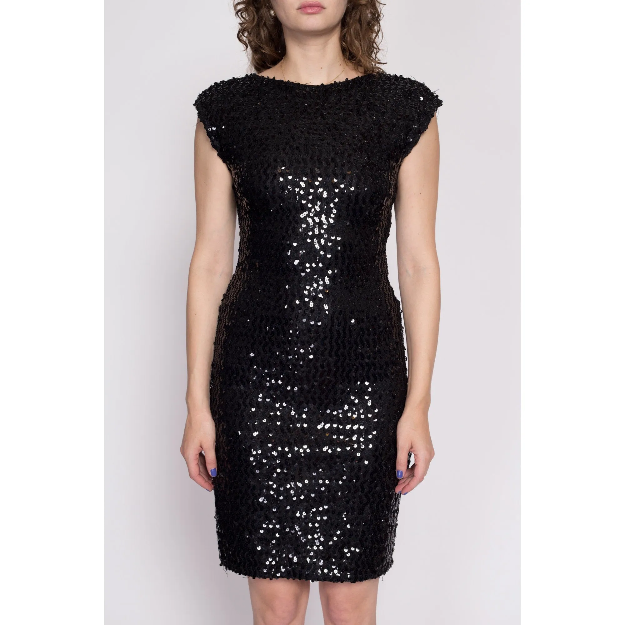 80s 90s Low Back Black Sequin Dress - Medium