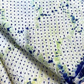 All-Shibori Vintage Kimono Silk Piece, Lime/Off-White/Indigo, from Japan, 14" x 38"  Item #239