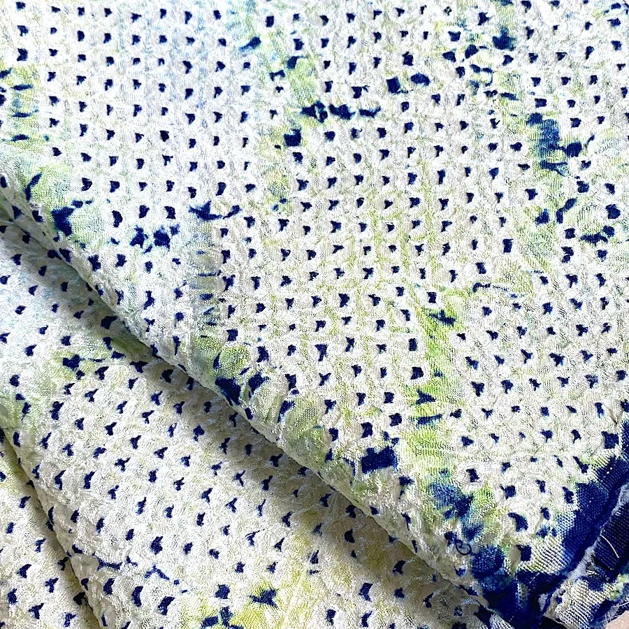 All-Shibori Vintage Kimono Silk Piece, Lime/Off-White/Indigo, from Japan, 6" x 76"  Item #239