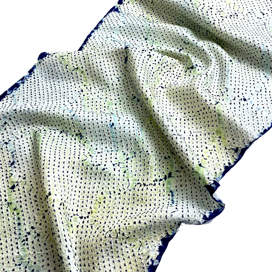 All-Shibori Vintage Kimono Silk Piece, Lime/Off-White/Indigo, from Japan, 6" x 76"  Item #239