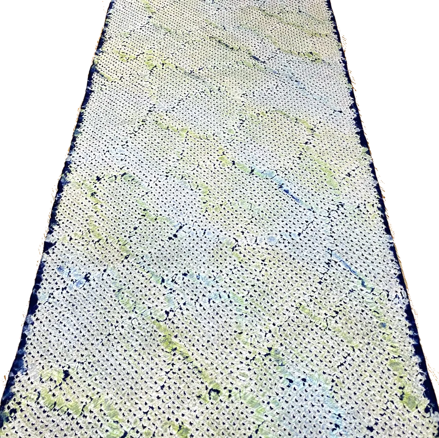 All-Shibori Vintage Kimono Silk Piece, Lime/Off-White/Indigo, from Japan, 6" x 76"  Item #239