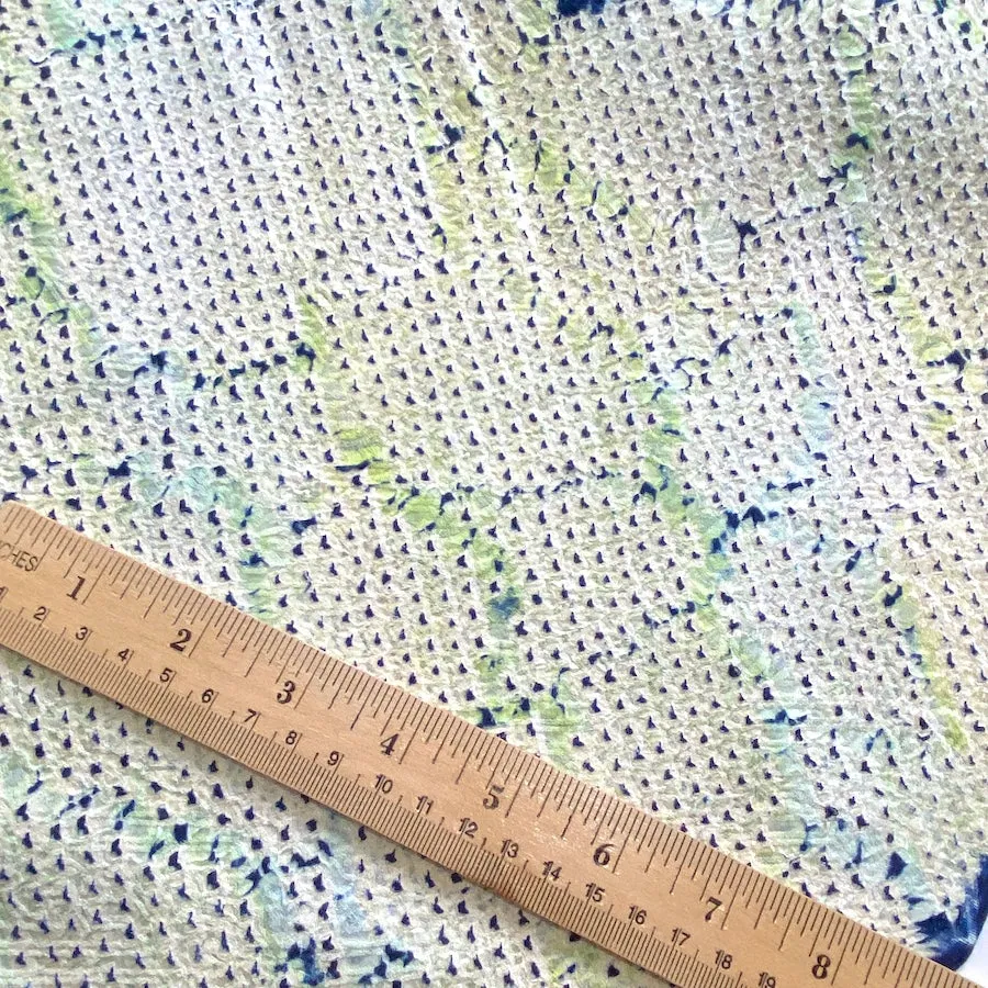 All-Shibori Vintage Kimono Silk Piece, Lime/Off-White/Indigo, from Japan, 6" x 76"  Item #239