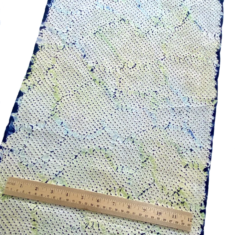 All-Shibori Vintage Kimono Silk Piece, Lime/Off-White/Indigo, from Japan, 6" x 76"  Item #239