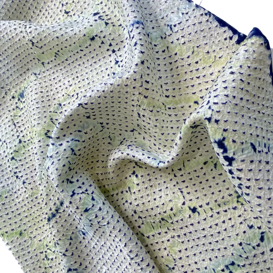 All-Shibori Vintage Kimono Silk Piece, Lime/Off-White/Indigo, from Japan, 6" x 76"  Item #239