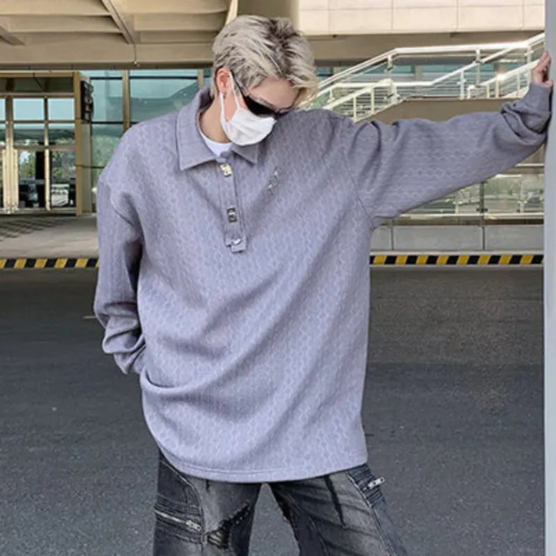 American Style Men's T-shirts Loose Metal Pattern Design Turn-down Collar Long Sleeve Casual Male Tees Strylish 9C6599