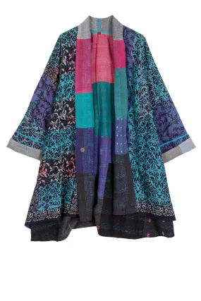 BAGH PRINT KANTHA KIMONO LONG JACKET - bg2005-blu -