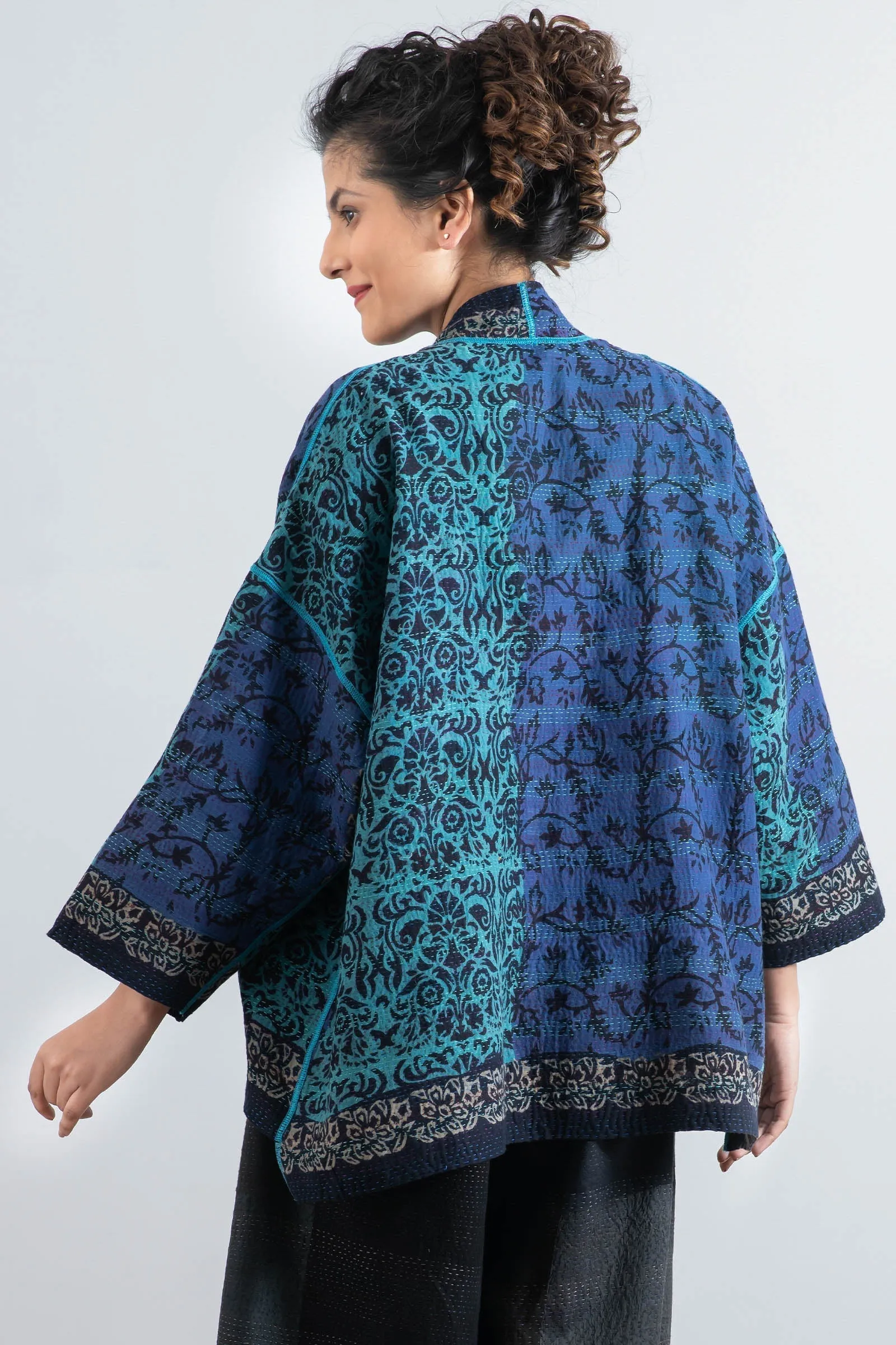 BAGH PRINT KANTHA MINI KIMONO JKT - bg2055-blu -