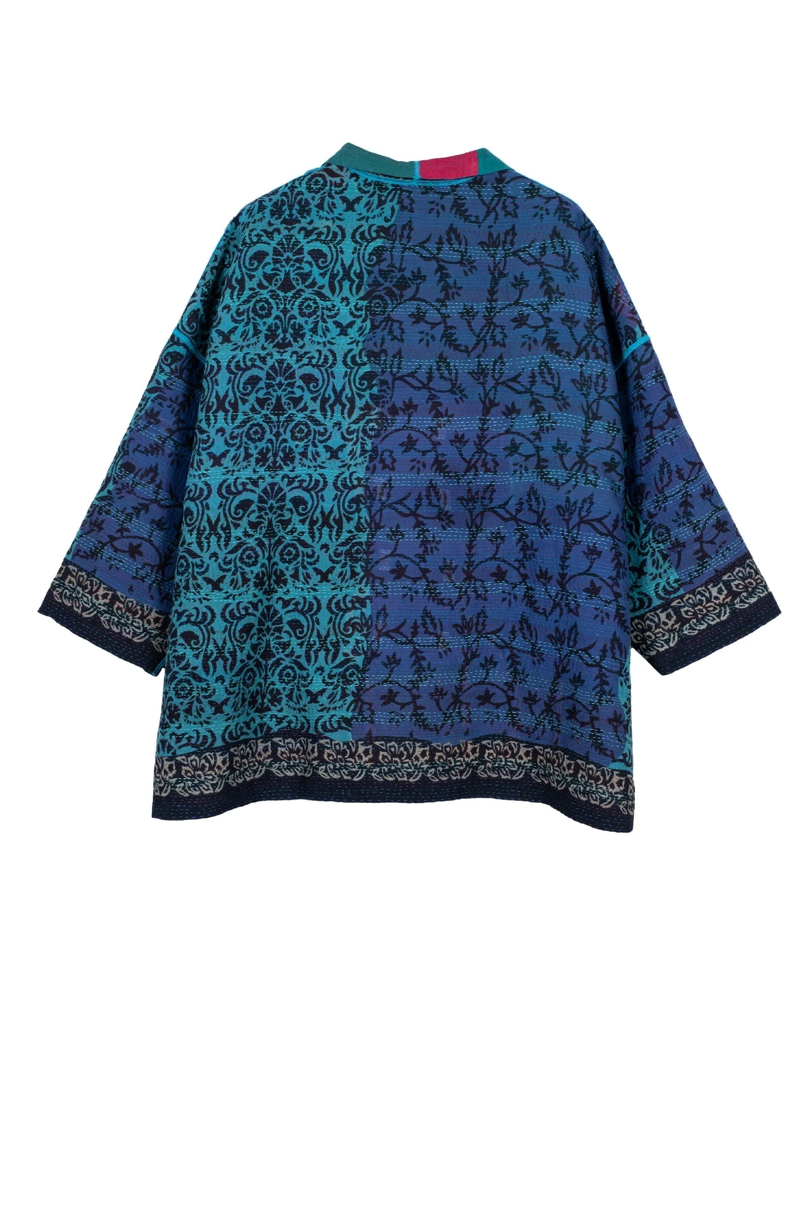 BAGH PRINT KANTHA MINI KIMONO JKT - bg2055-blu -