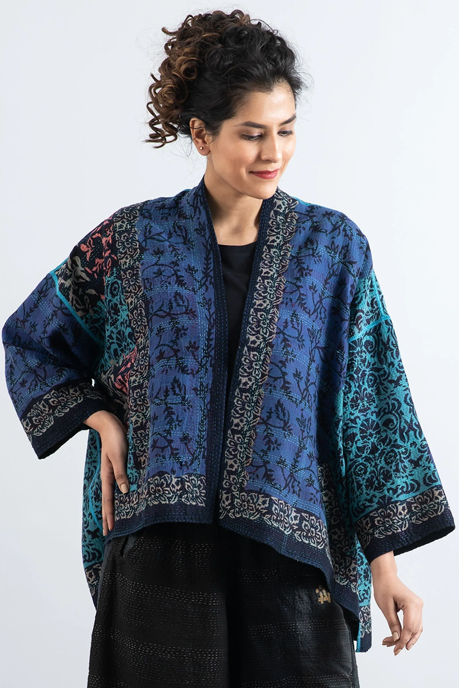 BAGH PRINT KANTHA MINI KIMONO JKT - bg2055-blu -