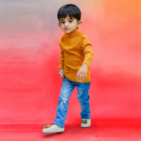 Basic Polo Neck Ribbed Premium Full Sleeves Knitted Kids Sweater - Orange