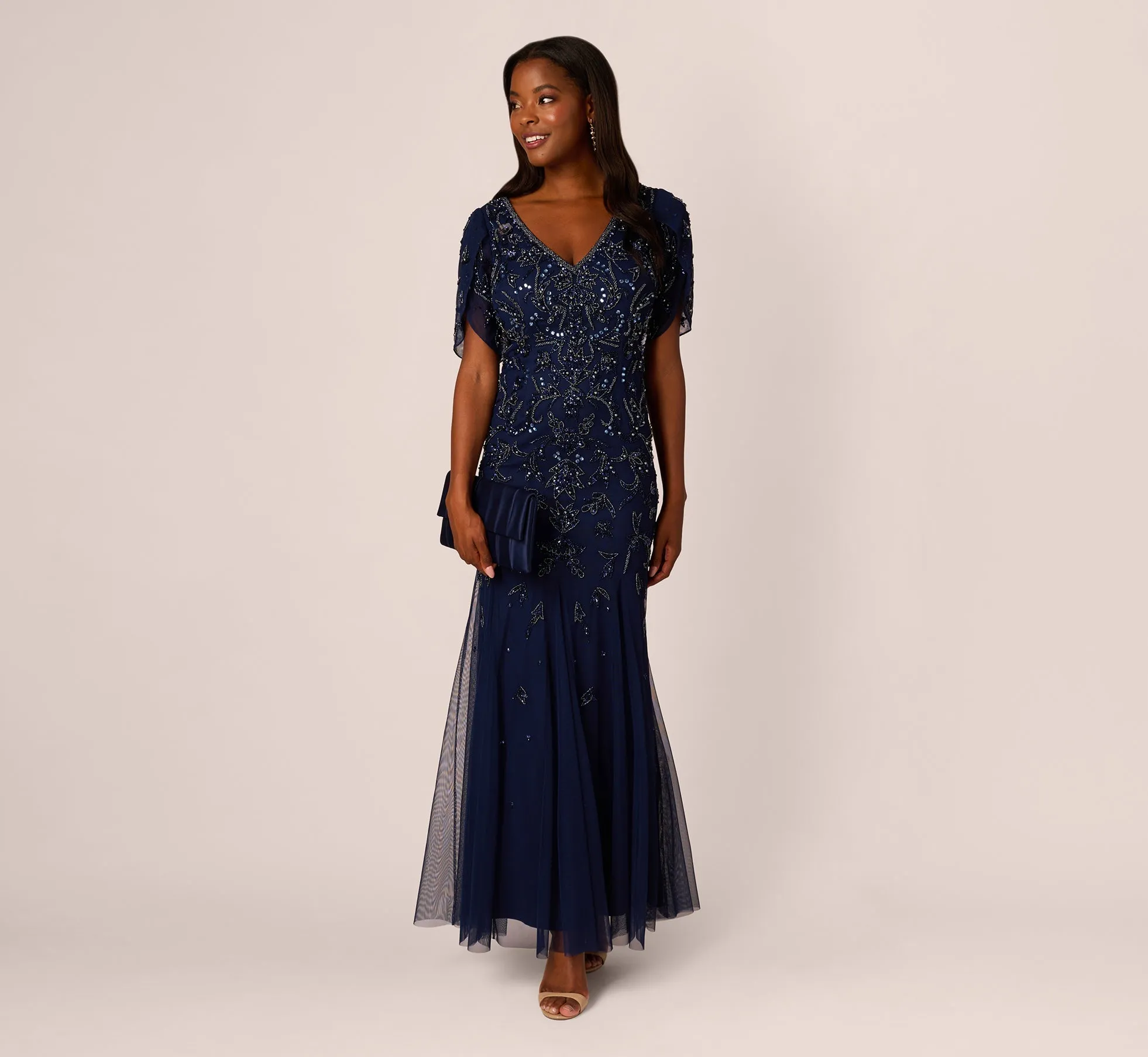 Beaded Mermaid Gown With Sheer Petal Sleeves In Light Navy