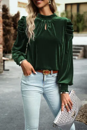 BerryBetty - Blackish Green Mock Neck Puff Sleeve Velvet Blouse