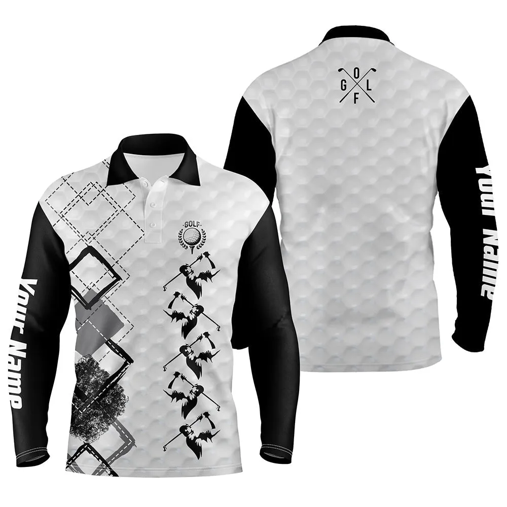 Black And White Mens Golf Long Sleeve Polo Shirt Custom Name Men's Golf Apparel, Gifts For Golf Lovers