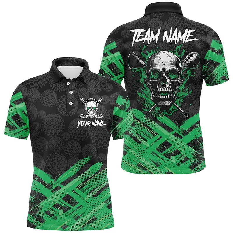 Black Camo Mens Golf Polo Shirts Custom Green Flame Skull Golf Attire For Men, Gifts For The Golfer