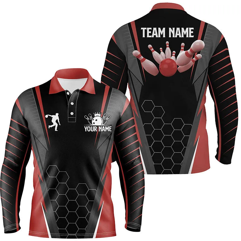 Black Men's Bowling Long Sleeve Polo Shirt Custom Name Men Bowlers Jersey, Team Bowling Outfits