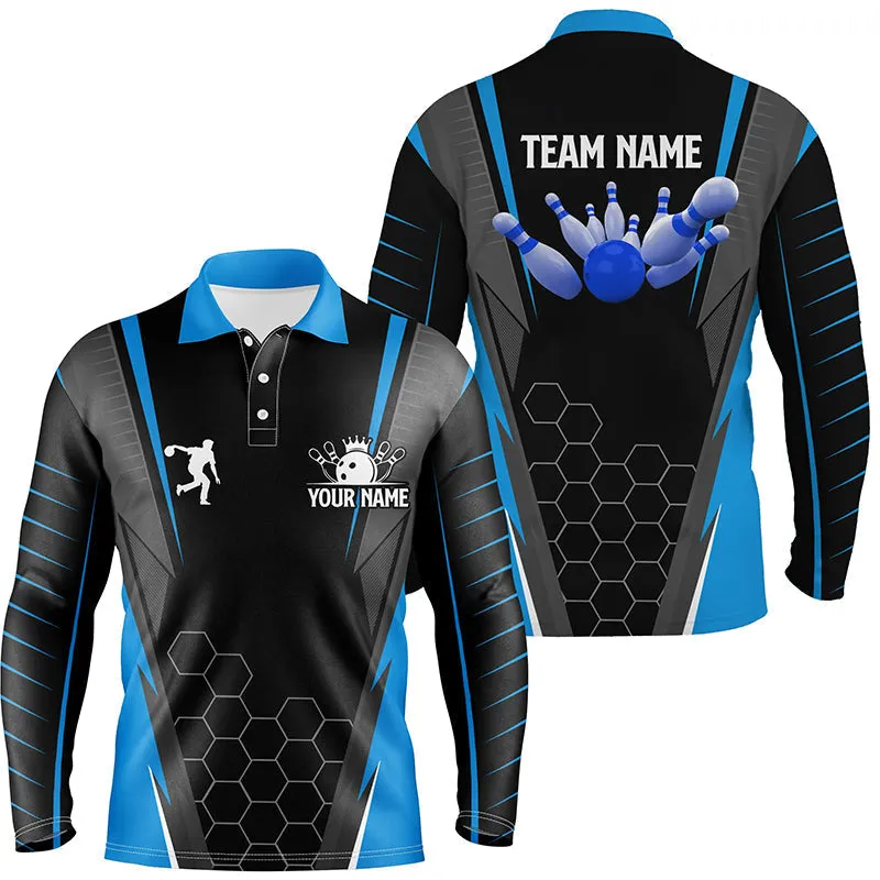 Black Men's Bowling Long Sleeve Polo Shirt Custom Name Men Bowlers Jersey, Team Bowling Outfits