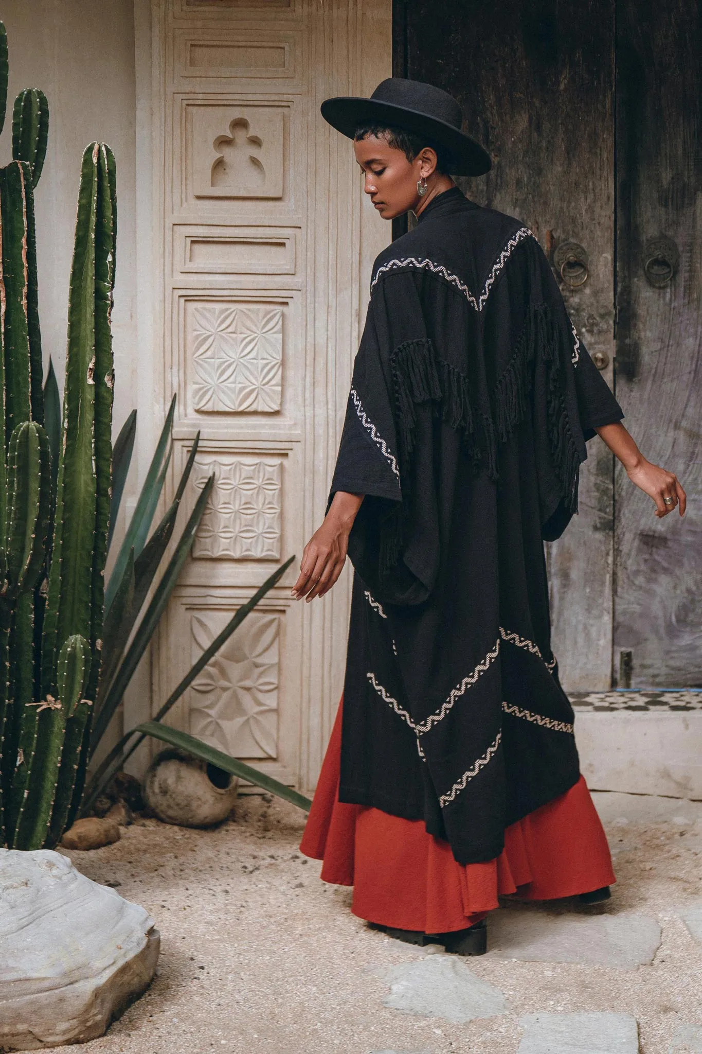 Black Organic Poncho • Tribal Cotton Robe • Hand Embroidered Overcoat