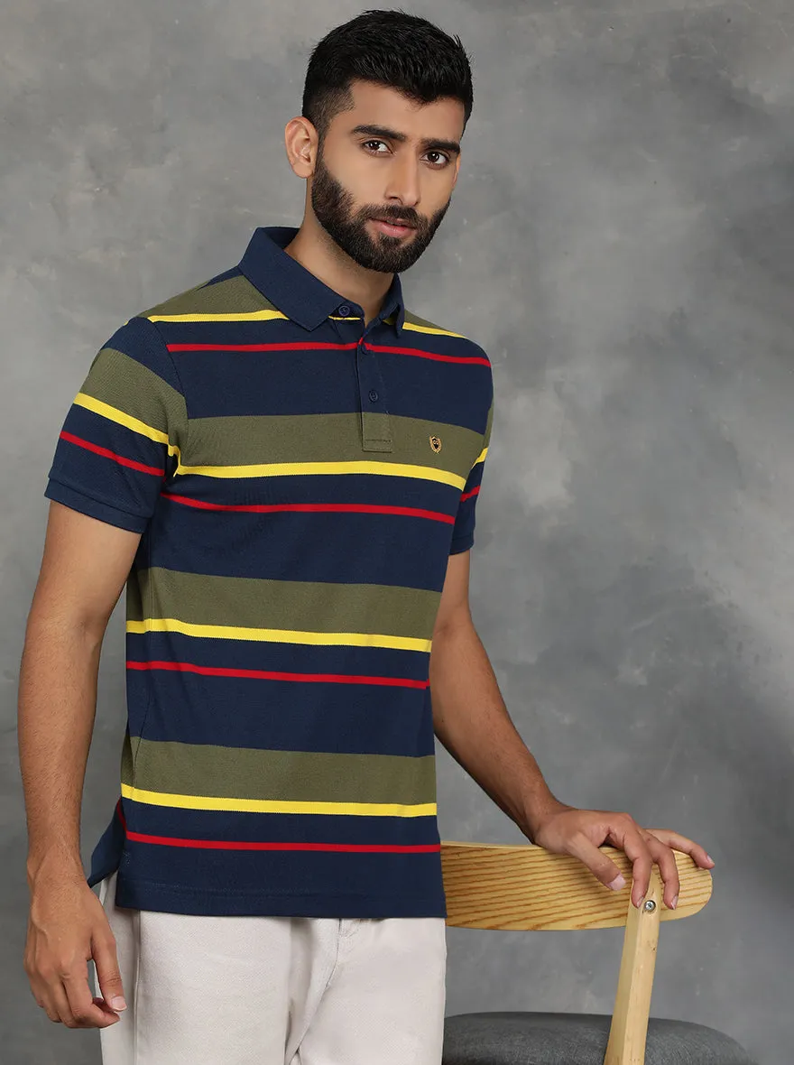 Blue & Green Striped Slim Fit Polo T-Shirt | JadeBlue