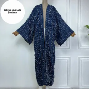 Boho Distressed Shredded Detail Denim Dark Wash Kimono Duster Coat