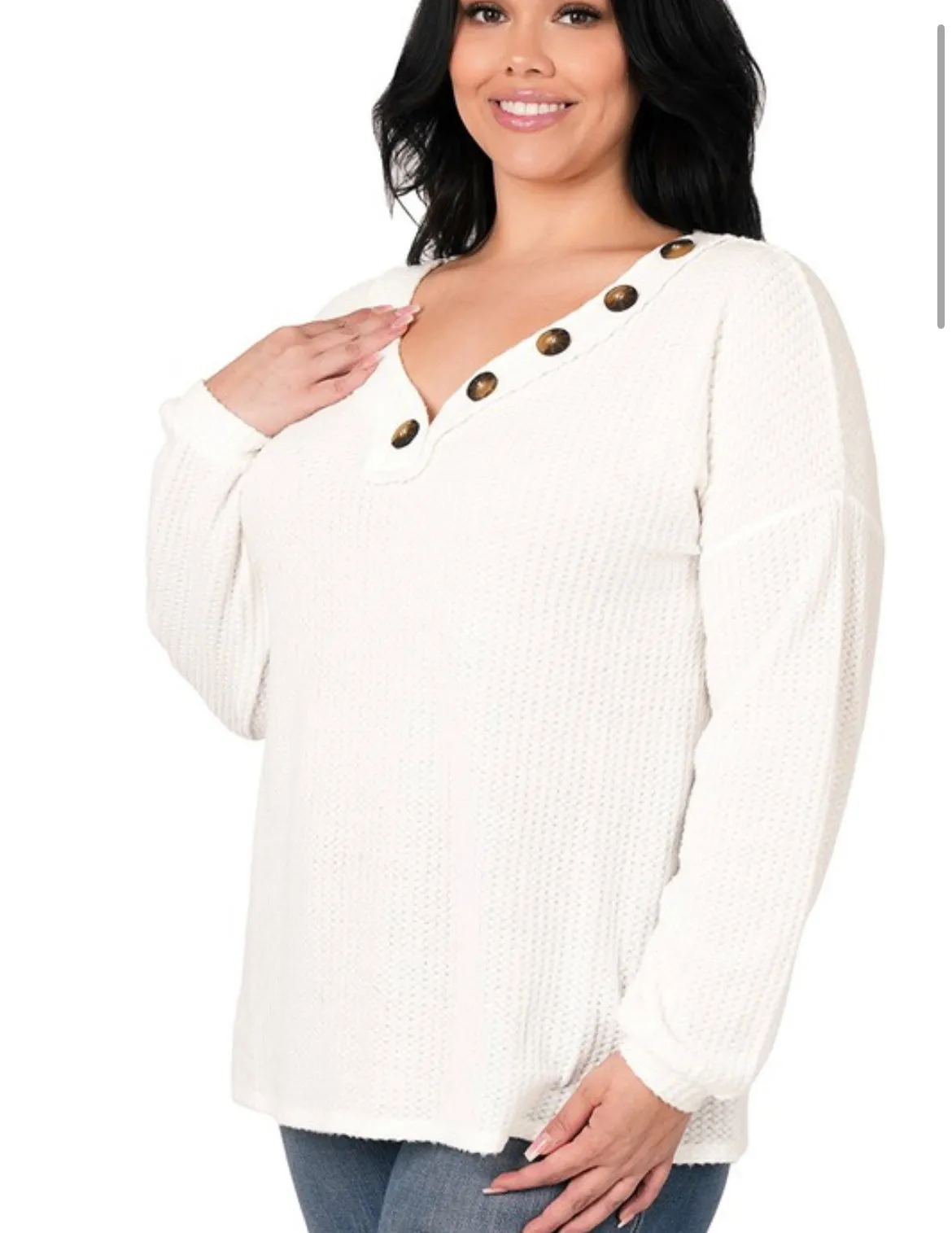 Brushed Thermal Waffle Knit Buttoned Sweater