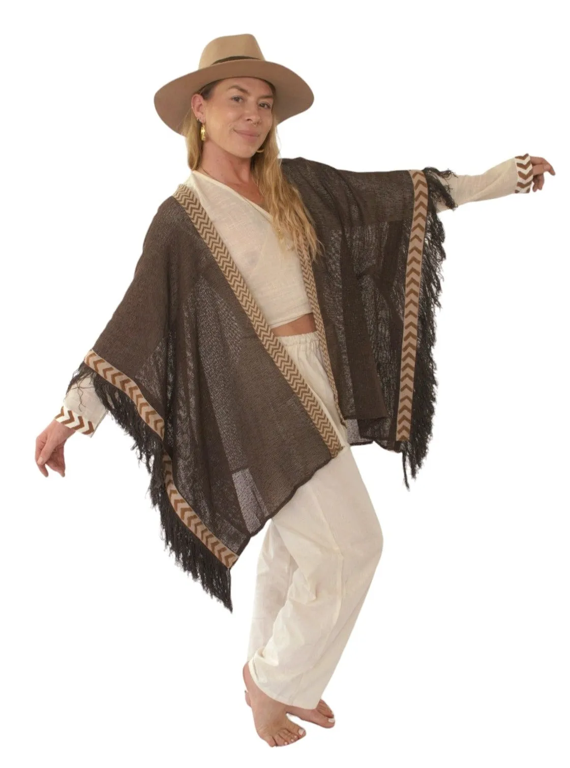 Cacao Mesh Open Poncho with Fringe