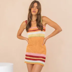 Colorful Orange Striped Print Suspender Strap Open Knit Mini Cover Up Dress