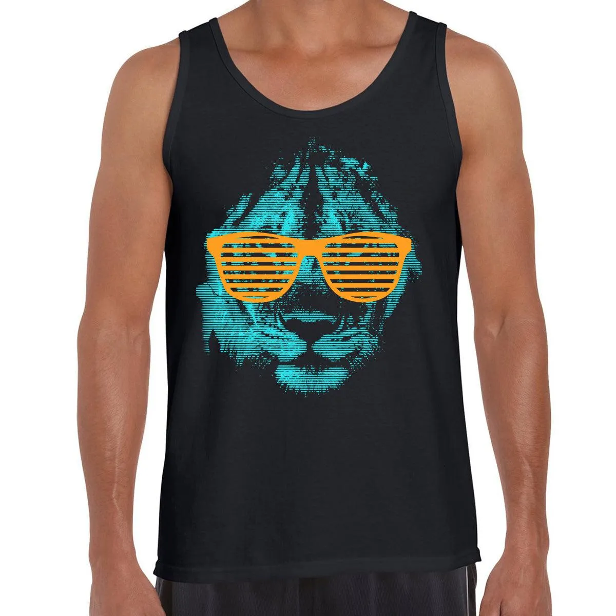 Cool Lion Halftone Animal-Sunglasses Black Tank Top