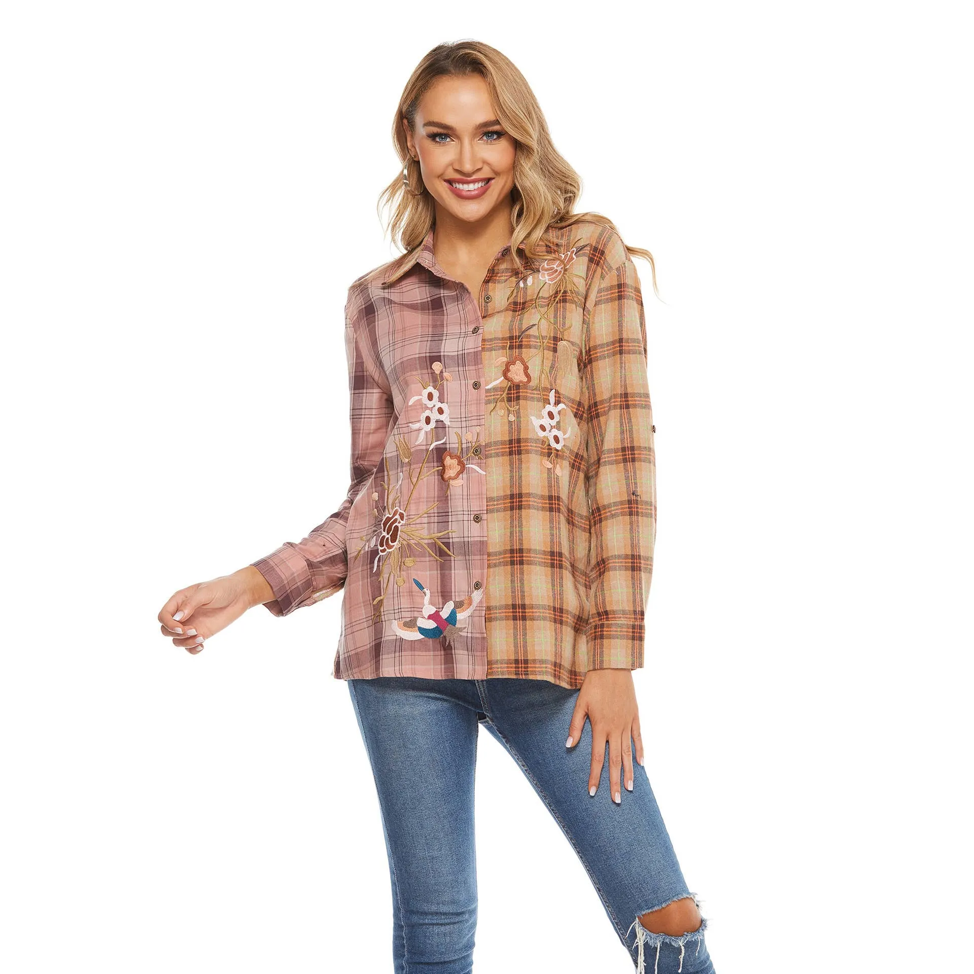 COTTON PLUS-SIZE PATCHWORK PLAID SHIRT_CWTSTL1159