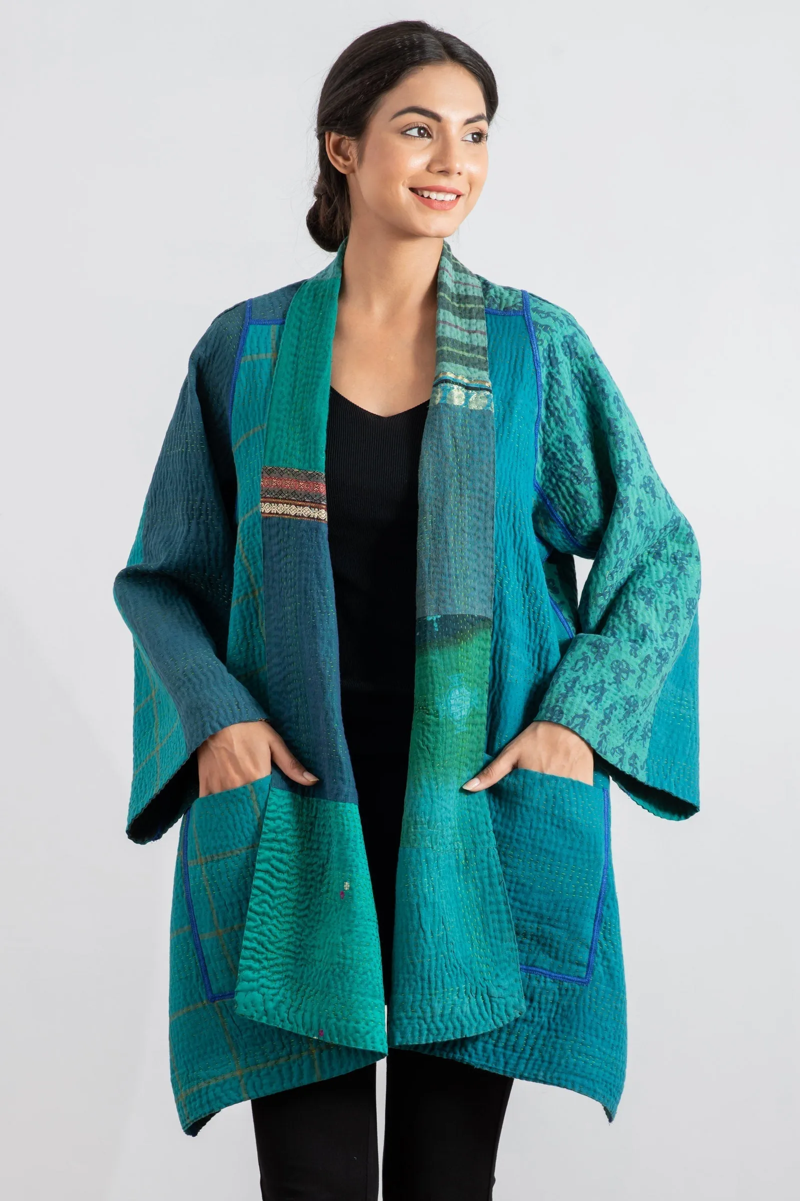 COTTON SILK SW PATCH KANTHA A-LINE JKT - ws4003-tel -