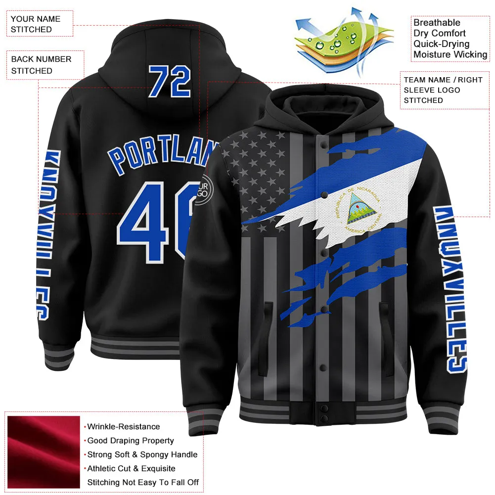 Custom Black Thunder Blue-Gray Nicaragua Nicaraguan Flag 3D Bomber Full-Snap Varsity Letterman Hoodie Jacket