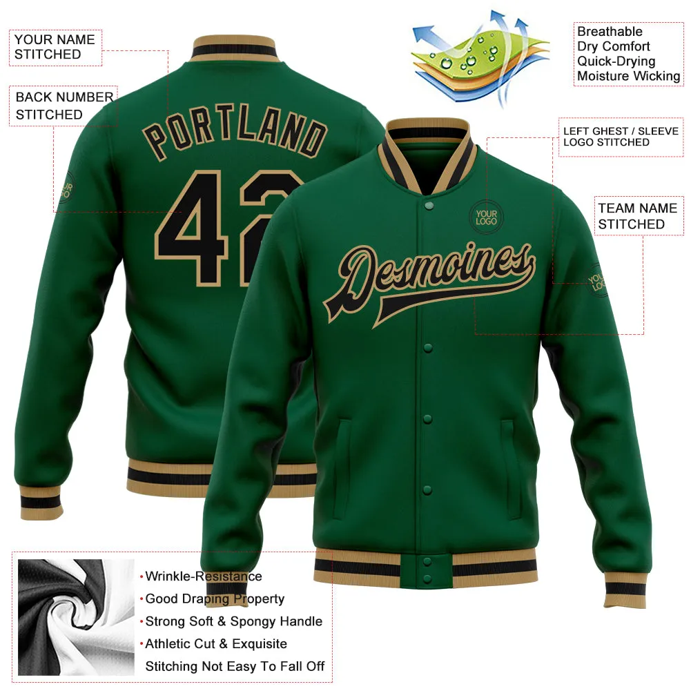 Custom Kelly Green Black-Old Gold Bomber Full-Snap Varsity Letterman Jacket