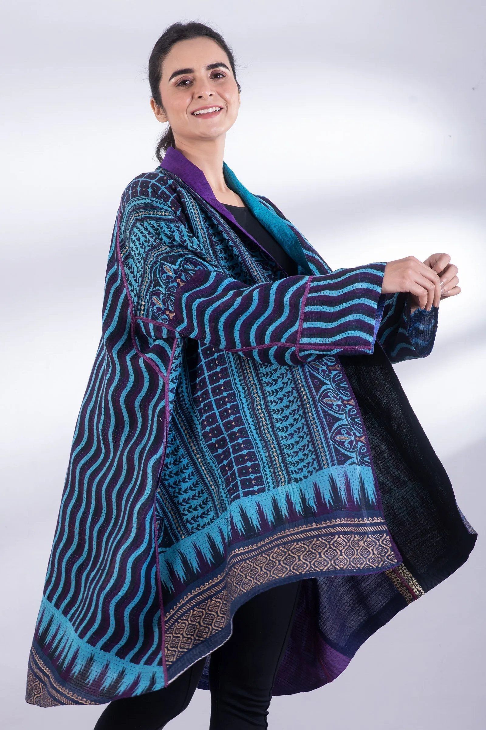 DESERT WAVES KANTHA KIMONO LONG JKT - dw2005-blu -