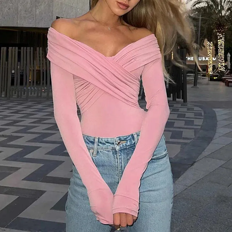 Fashion Fold Skinny Autumn T-shirt Ladies Basic Off Shoulder Top Solid Criss-Cross Casual Elegant Women Tee Clothing