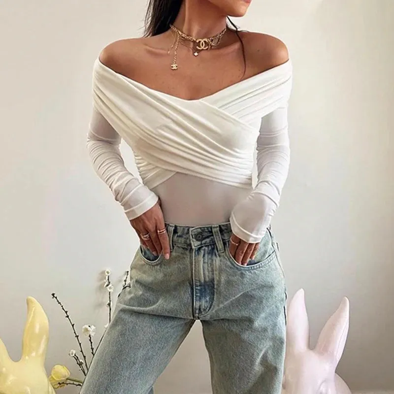 Fashion Fold Skinny Autumn T-shirt Ladies Basic Off Shoulder Top Solid Criss-Cross Casual Elegant Women Tee Clothing