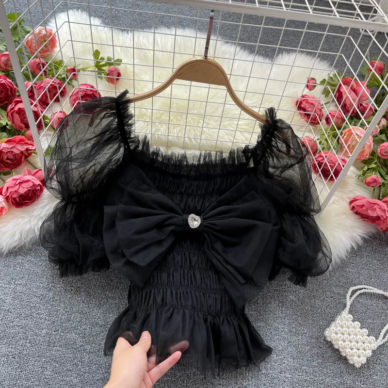 Fashion Tunic Women Blouse Elegant Rainbow Japan Party Tops Puff Sleeve Bow Knot Tuxedo Shirt Luxury Diamond Summer Blouse