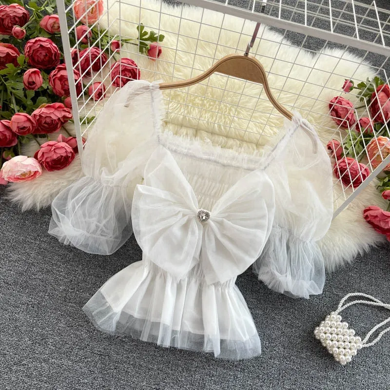 Fashion Tunic Women Blouse Elegant Rainbow Japan Party Tops Puff Sleeve Bow Knot Tuxedo Shirt Luxury Diamond Summer Blouse