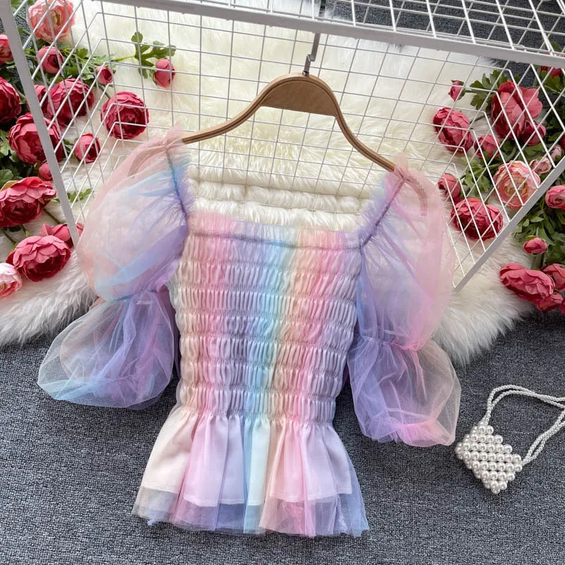 Fashion Tunic Women Blouse Elegant Rainbow Japan Party Tops Puff Sleeve Bow Knot Tuxedo Shirt Luxury Diamond Summer Blouse